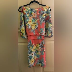 Bisou Bisou Coral Floral Mini Dress with Batwing Sleeves